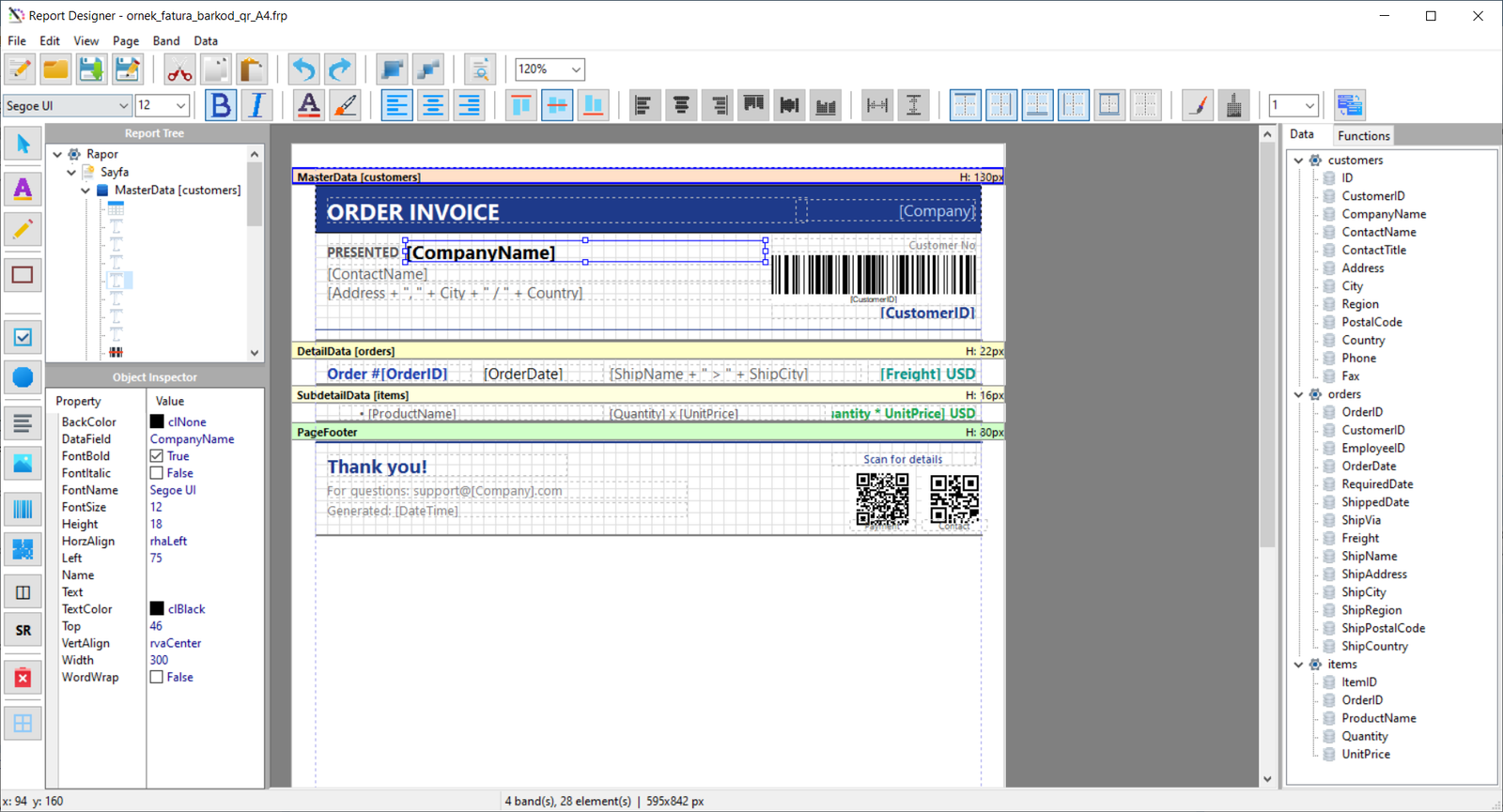 FmxPdfTools visual report designer with band layout, element palette and property inspector